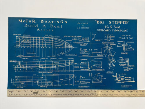 Vintage Antique Boat Blueprint Motor Sailboat Architectural Big Stepper Hydro
